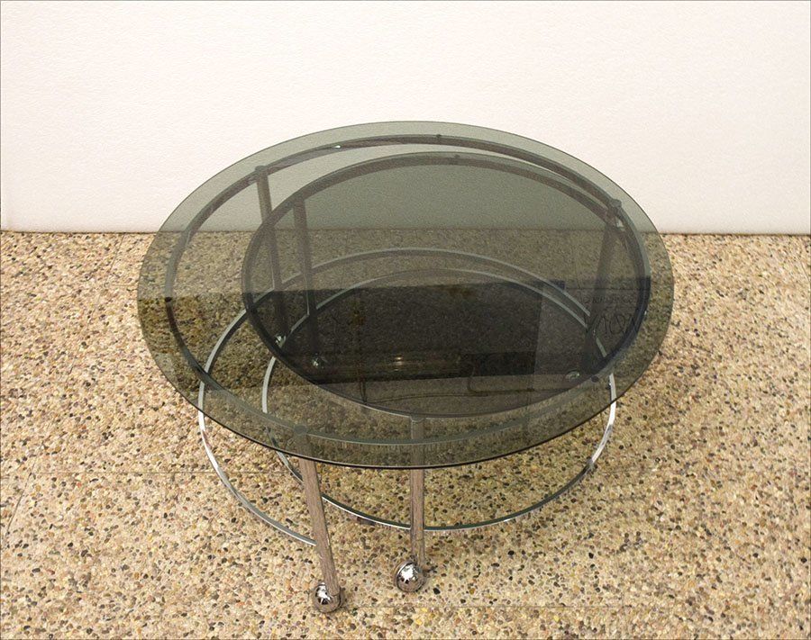 2 Tier Swivel Coffee Table In Chromed Steel And Crystal, 1970s photo buy