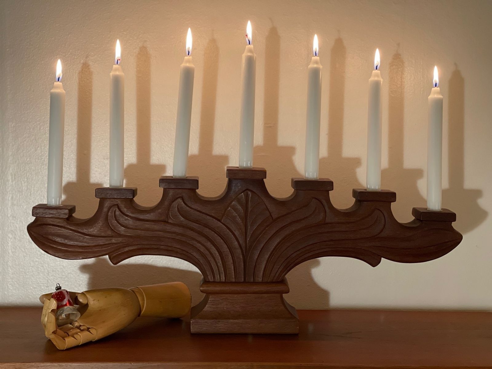 Large, Heavy, Seven Armed Candlestick Carved In Solid Teak, Presumably Swedish. Mid Century Modern. 66 Centimeters Long, Weighs 2.7 Kilos photo furniture