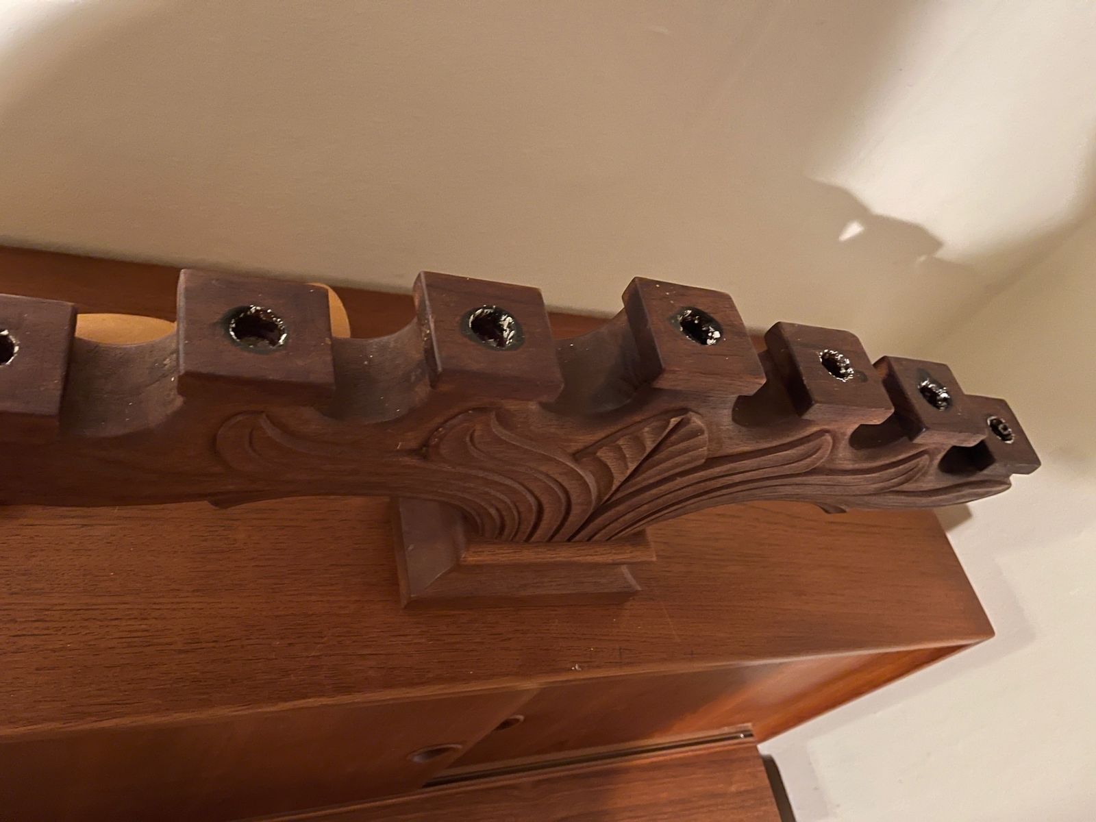 Large, Heavy, Seven Armed Candlestick Carved In Solid Teak, Presumably Swedish. Mid Century Modern. 66 Centimeters Long, Weighs 2.7 Kilos photo for sale