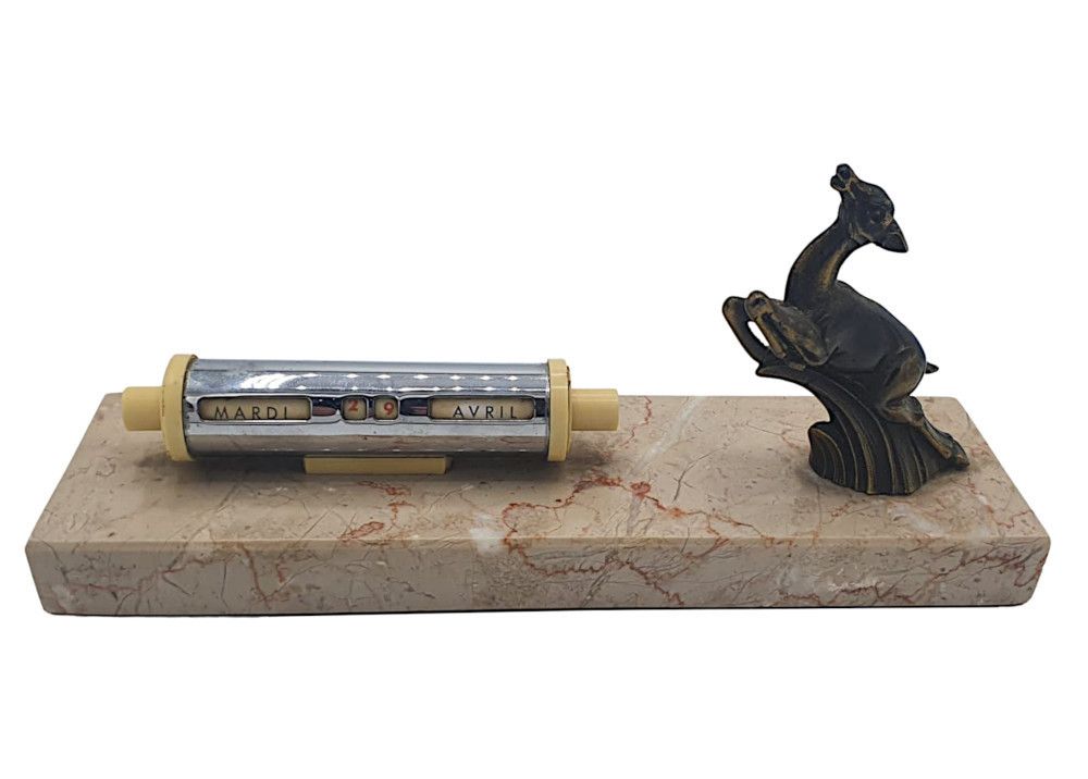A Lovely French Art Deco Perpetual Desk Calendar With A Bronze Leaping Deer