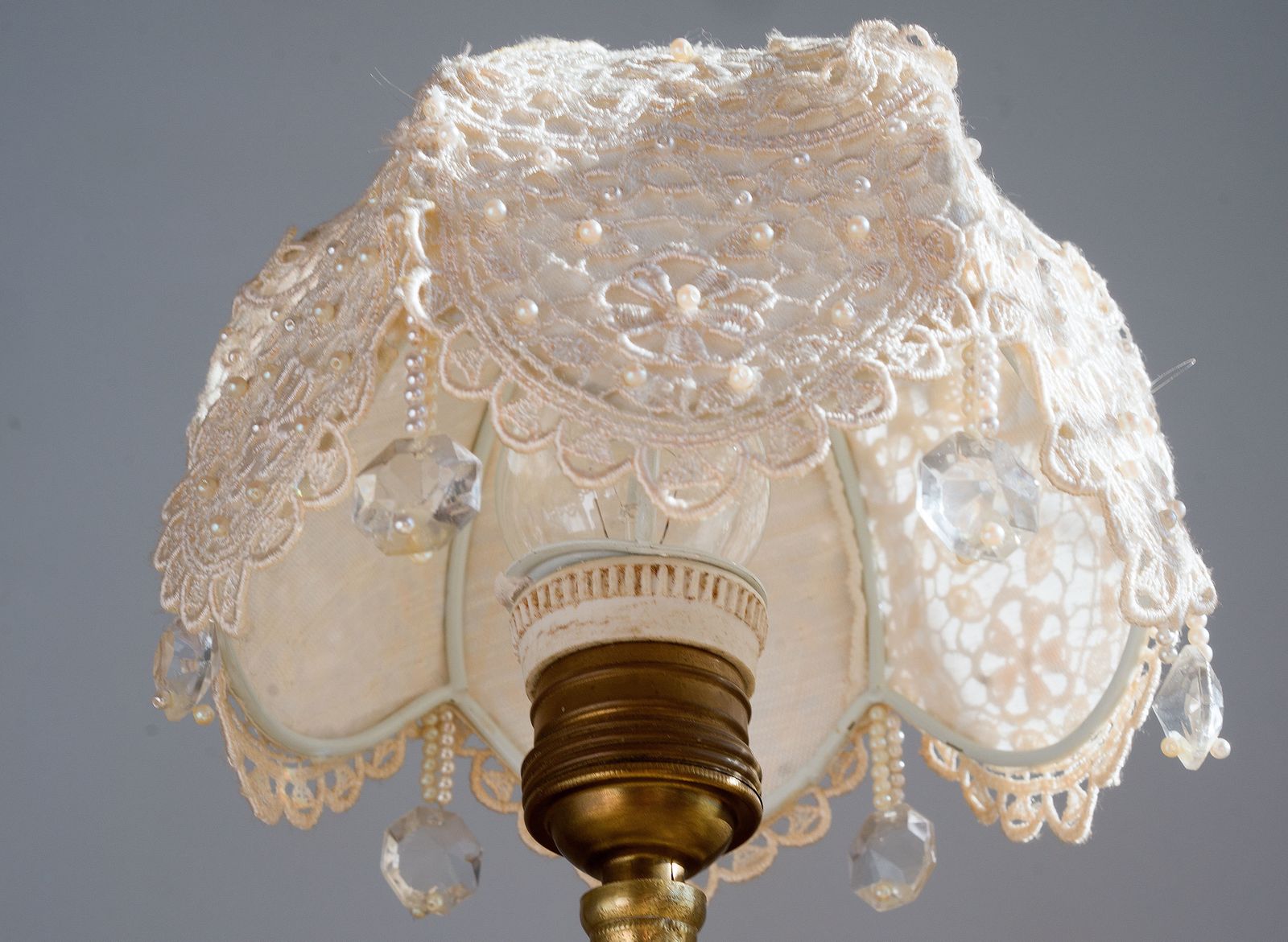 Lampshade With Brass Base, Lampshade With Organza And Pearls Friezes, Hand Sewn. Vintage photo buy
