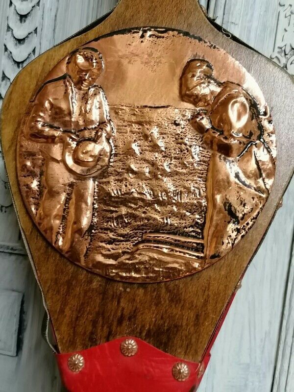 Authentic Antique French Fire Bellow Fireplace Farmhouse Inteirors Copper Plaque photo for sale