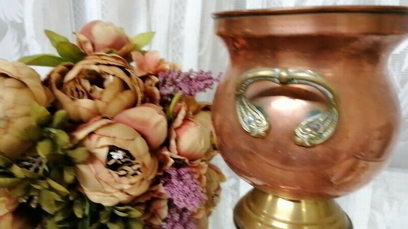 Vintage French Hammered Copper & Embossed Brass Handles Pot/Jar Planter 4 Sale photo Home Decor