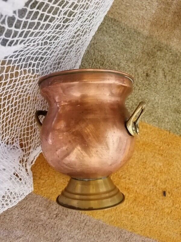 Vintage French Hammered Copper & Embossed Brass Handles Pot/Jar Planter 4 Sale photo vintage