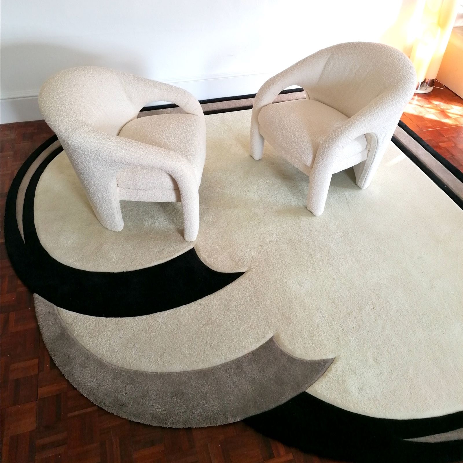 Huge Vintage 80s American Deco Revival Curved Wool Rug With Carved Swirl Details And Edge. photo vintage