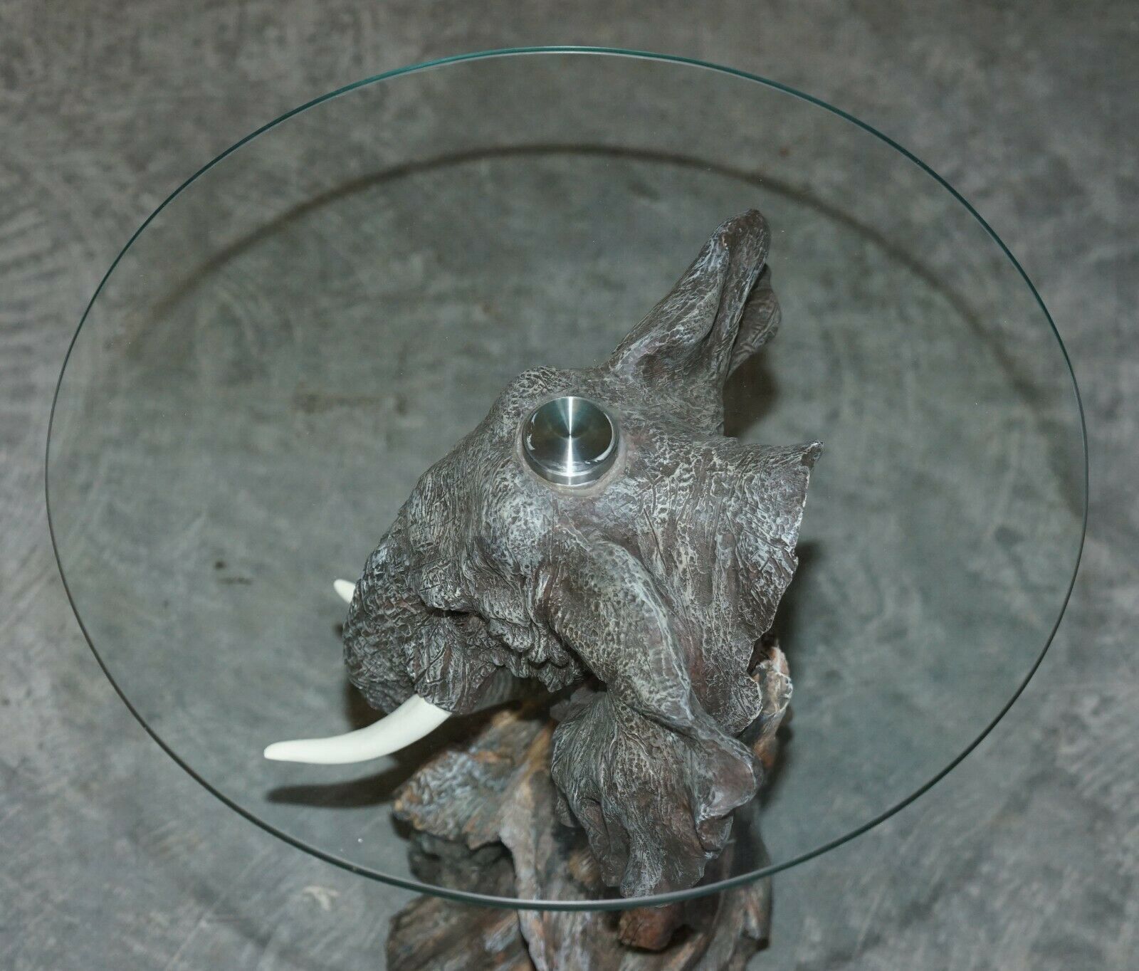 Furniture Stunning Realistic Hand Painted Elephants Head Side End Lamp Table Round Glass photo