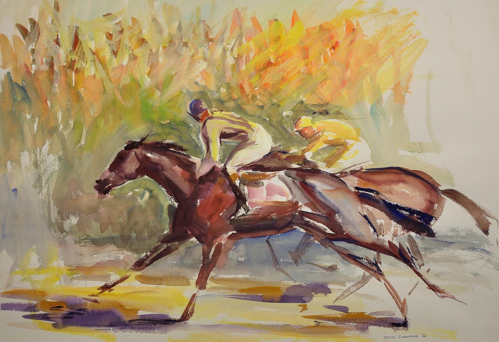 John Rattenbury Skeaping 1901 To 1990. English. On The Gallops, 1976. Framed Gouache & Watercolour. Equine. Jockeys. Horse Racing Painting. photo furniture
