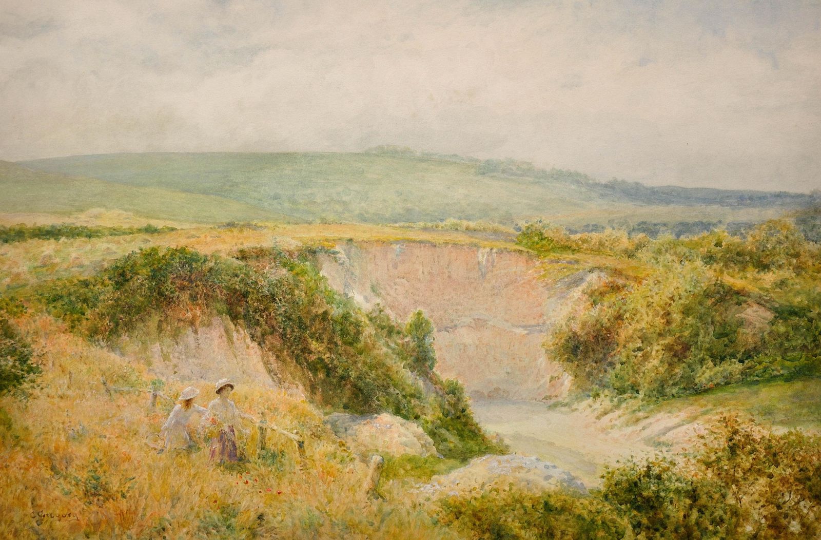Charles Gregory 1849 To 1920. English. Summers Day At Steyning Bowl, West Sussex, South Downs Way. Framed Watercolour. Victorian Landscape. photo furniture