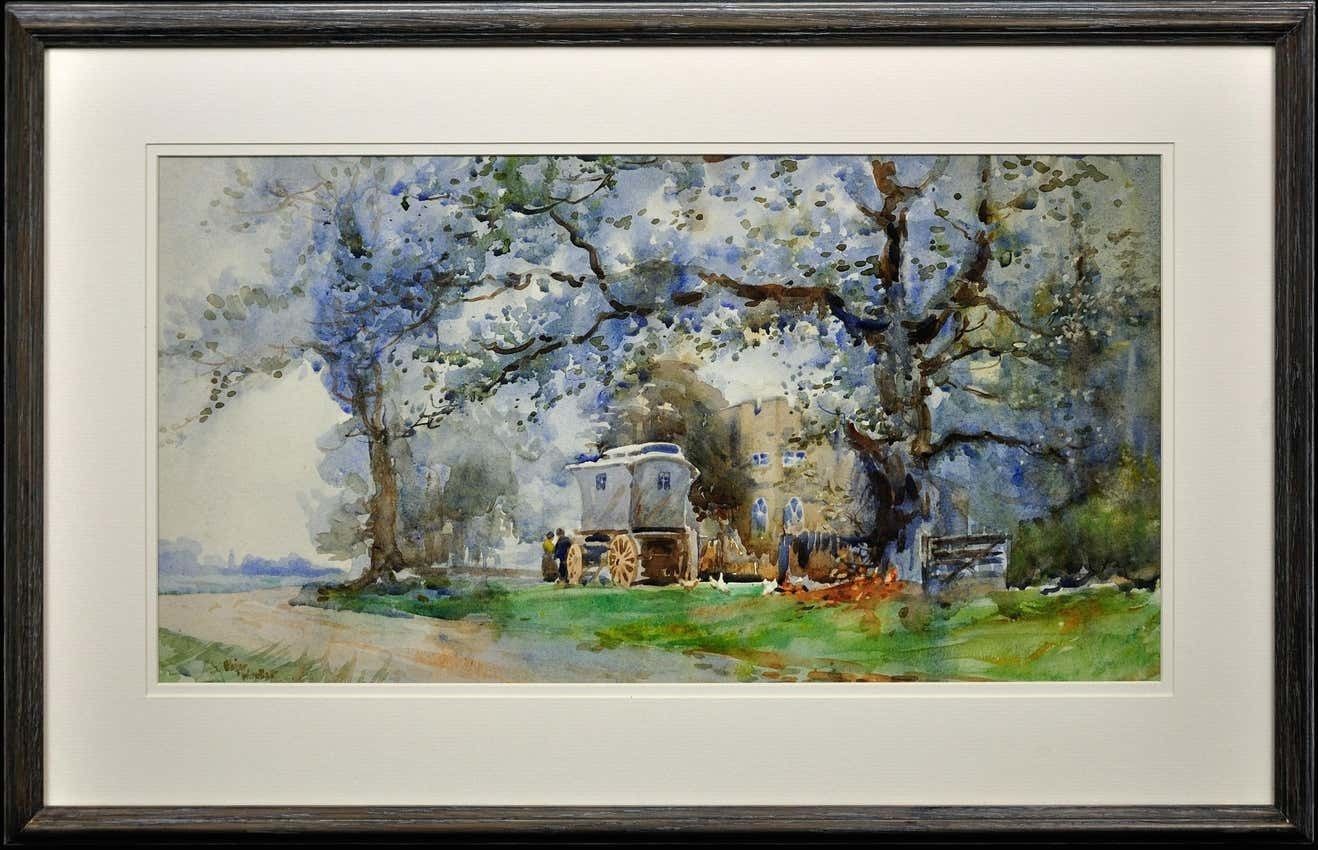 Edgar Woollatt 1871 To 1931. Romany Gypsy Caravan At The Round House, Clifton Lane, Wilford, Nottingham Circa 1910. Framed Watercolour Painting.