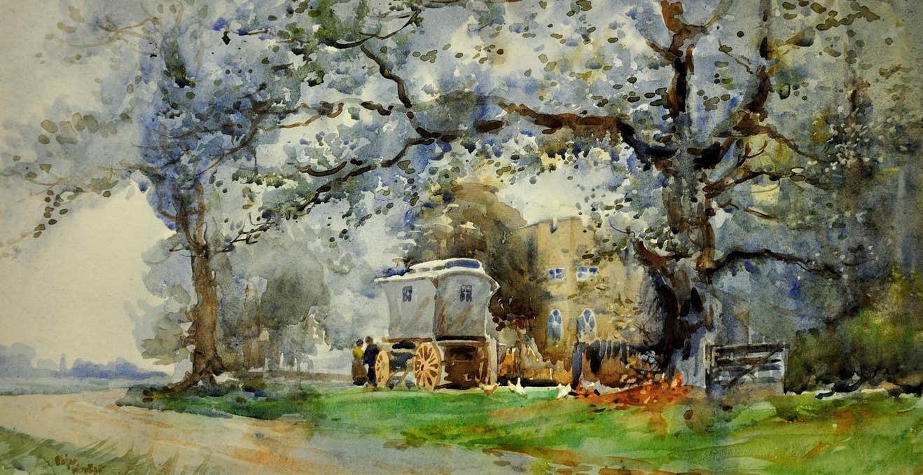 Edgar Woollatt 1871 To 1931. Romany Gypsy Caravan At The Round House, Clifton Lane, Wilford, Nottingham Circa 1910. Framed Watercolour Painting. photo furniture