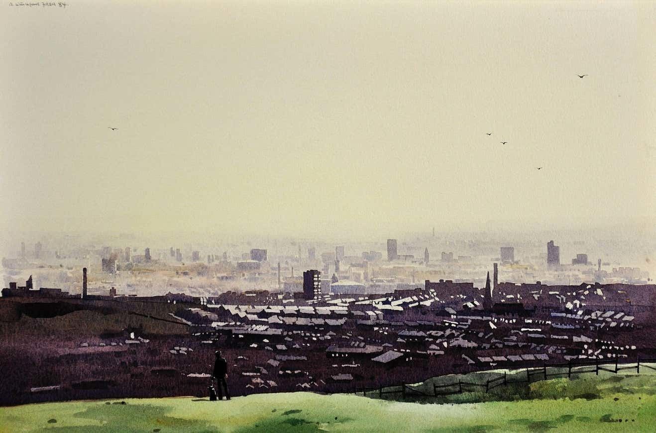 Robert Littleford 1940 To 2023. English. Oldham From The Surrounding Hills, 1984. Framed Watercolour. Greater Manchester Cityscape. Lancashire. photo furniture