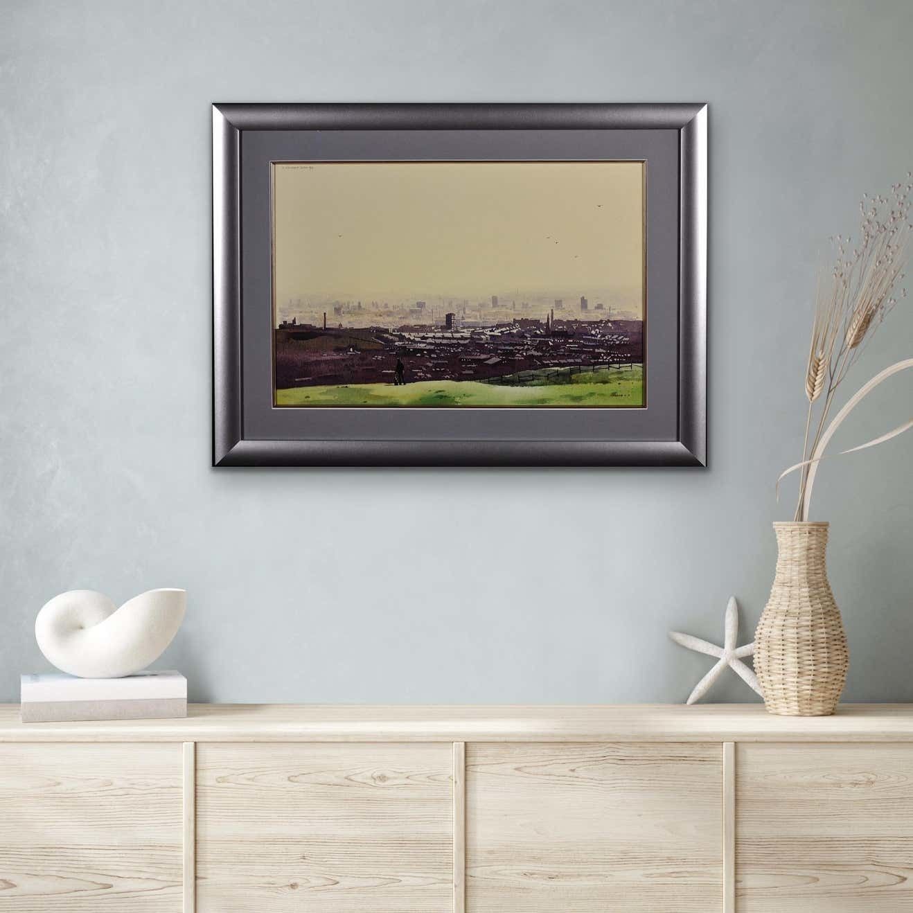photo buy Robert Littleford 1940 To 2023. English. Oldham From The Surrounding Hills, 1984. Framed Watercolour. Greater Manchester Cityscape. Lancashire.