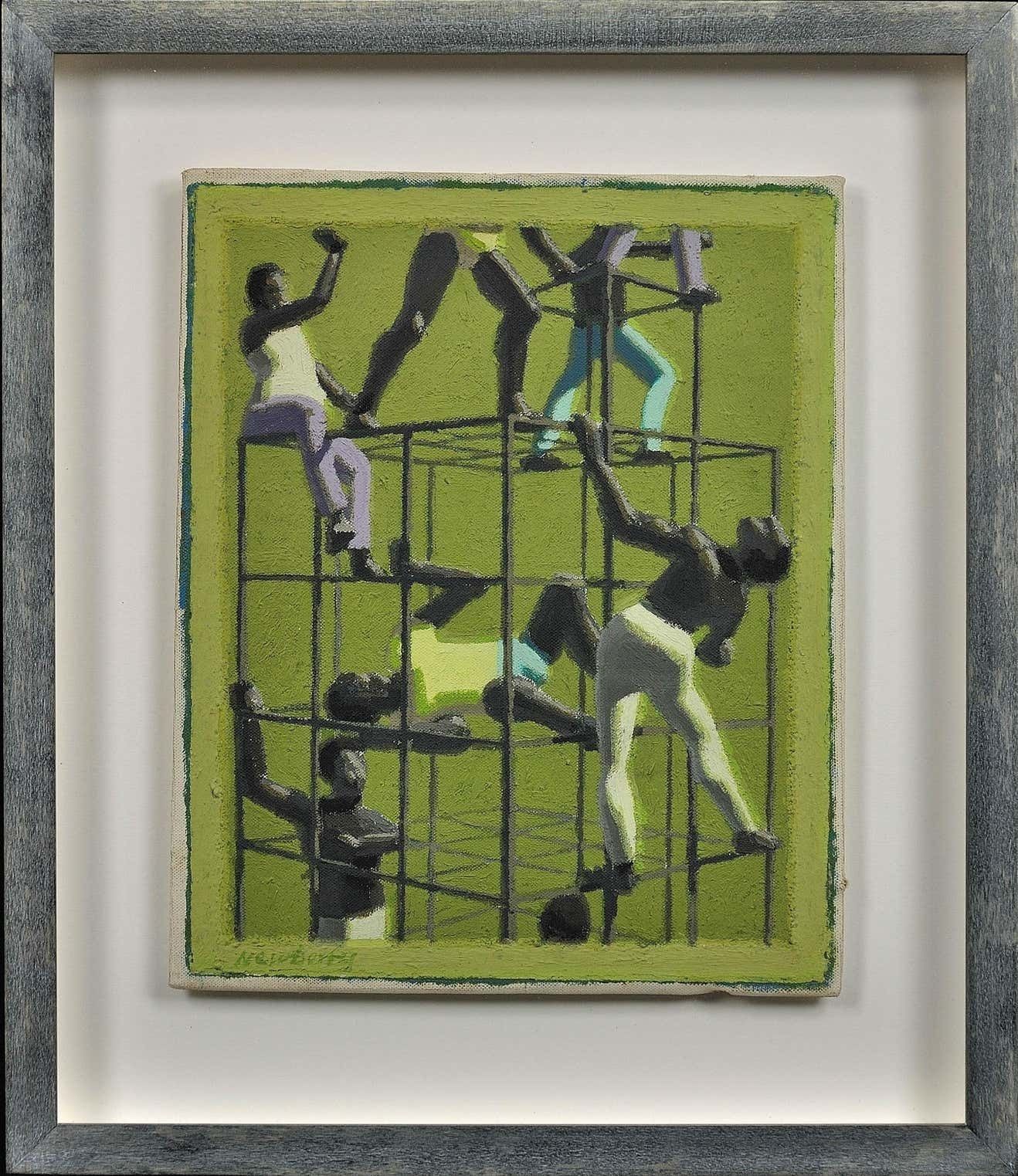 John Coverdale Newberry B.1934. English. The Climbers, 1970. Framed Mid 20th Century Postmodern Figuration Oil Painting. Ruskin School, Oxford.