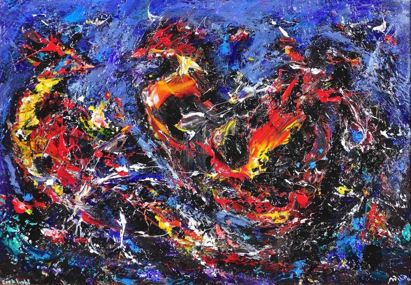 David Wilde 1913 To 1974. English. Cock Fight. Acrylics. Framed. Two Fighting Birds. A Riot Of Aggression, Masculinity & Feathers. Mid Century Modern photo furniture