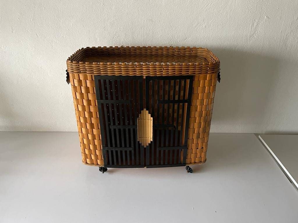 photo for sale Mid Century Wooden And Black Metal Bar Chest, 1950s, Italy