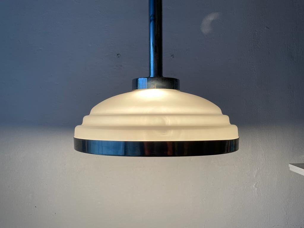 Italian Art Deco Opaline Glass & Chrome Ceiling Lamp, 1940s, Italy photo Lighting
