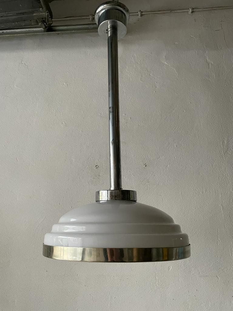 Italian Art Deco Opaline Glass & Chrome Ceiling Lamp, 1940s, Italy photo 1688.88