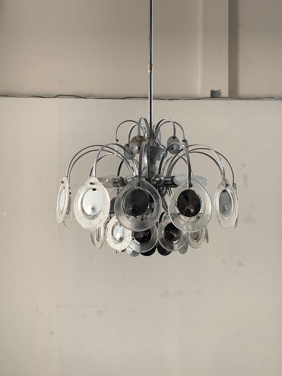 Disc Chandelier In Steel And Fused Glass, 70s photo furniture