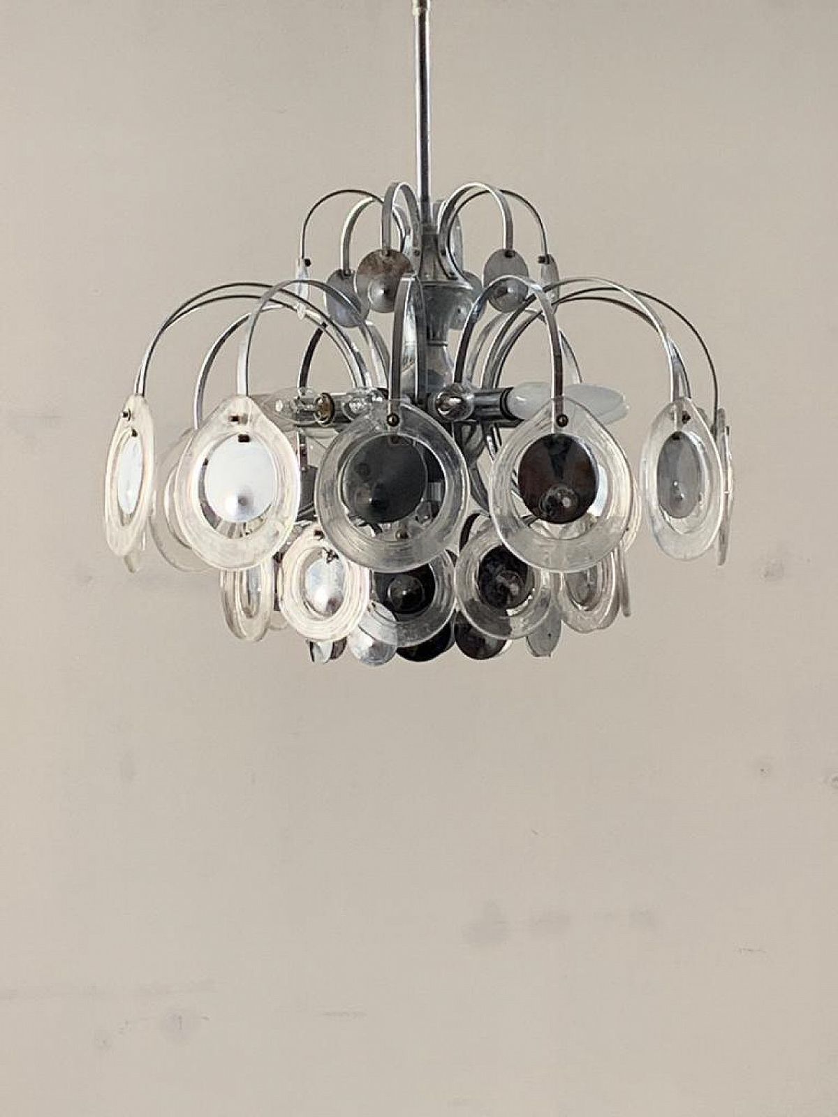 Disc Chandelier In Steel And Fused Glass, 70s photo for sale