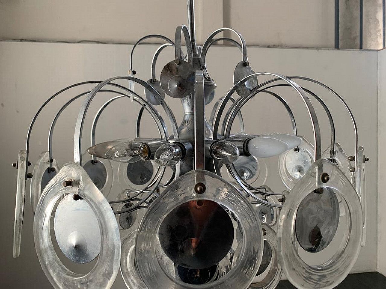 Disc Chandelier In Steel And Fused Glass, 70s photo buy