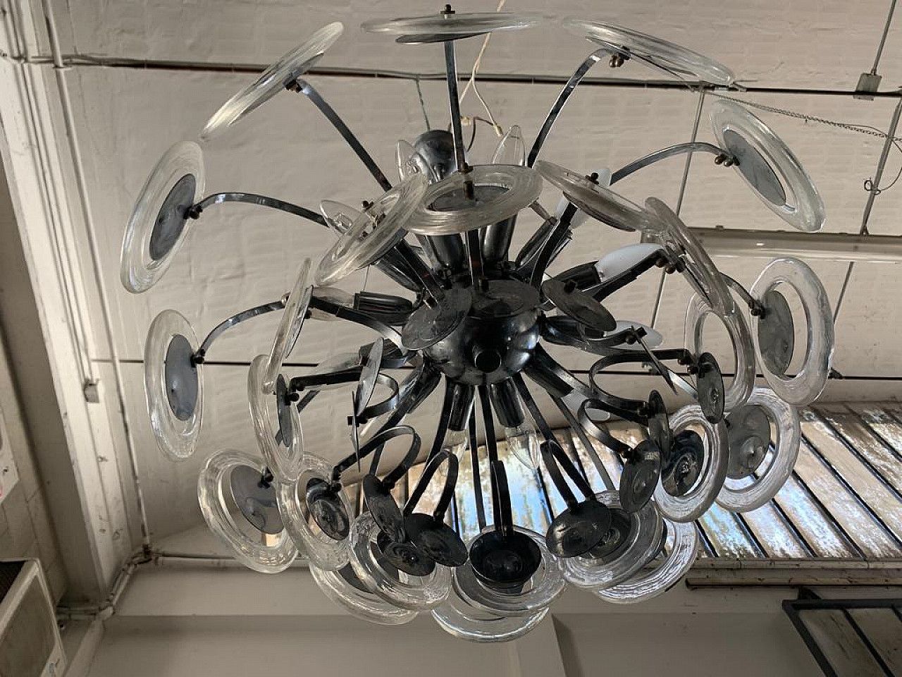 photo furniture Disc Chandelier In Steel And Fused Glass, 70s