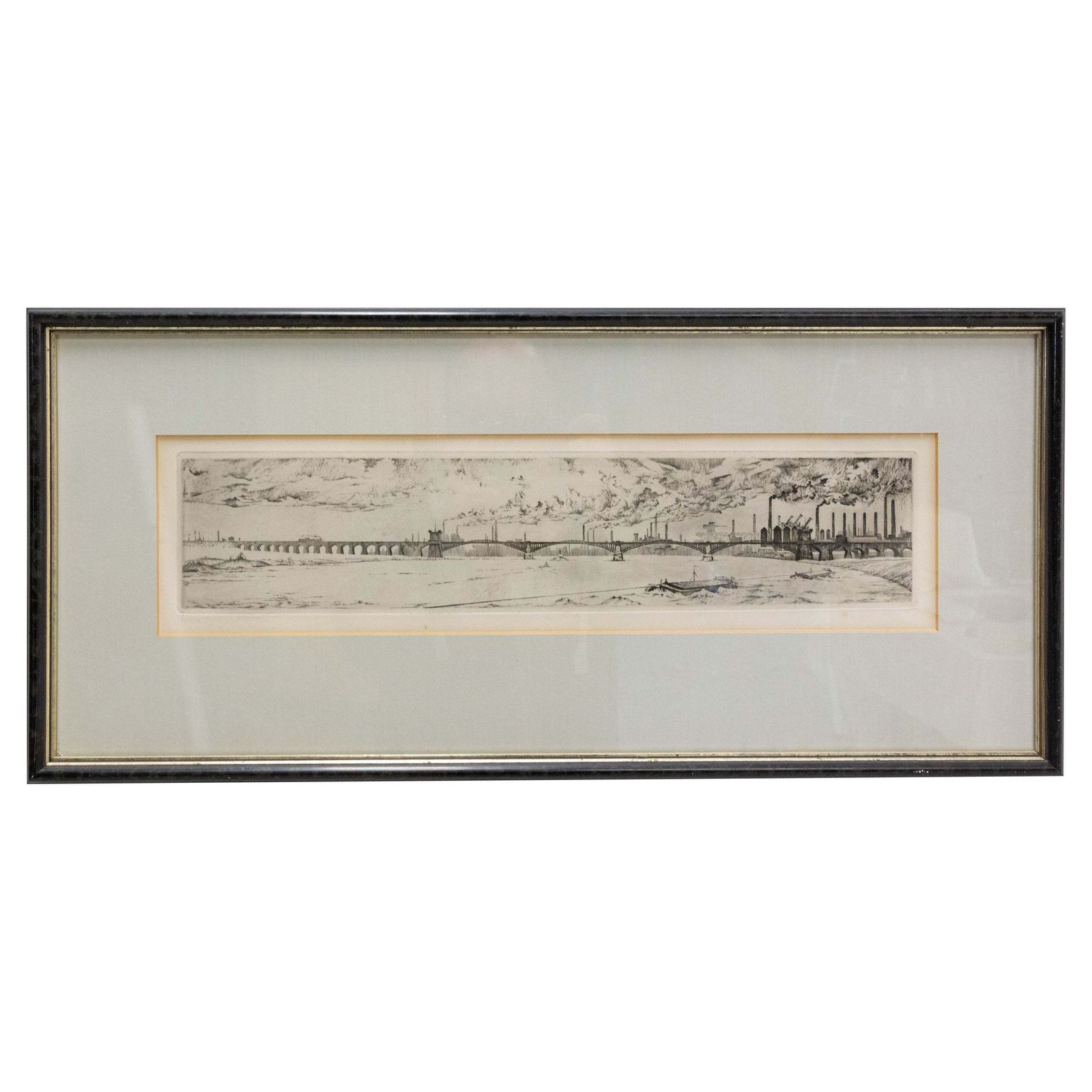 Gravure, paysage industriel au pont ferroviaire, Allemagne, fin du XIXe siècle