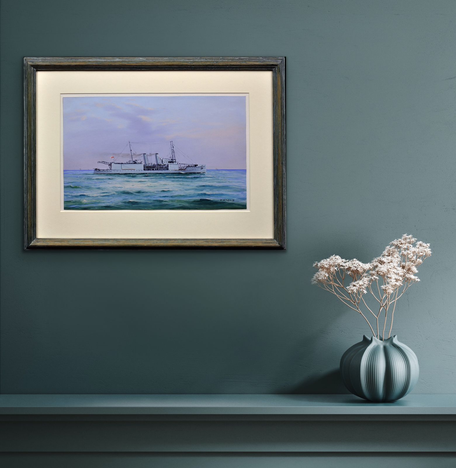 photo for sale Vincenzo D' Esposito 1886 To 1946. Italian. Hms Nairana, Royal Navy Seaplane Carrier. Tasmania & Melbourne Ferry. Framed Warship Painting Circa 1918.