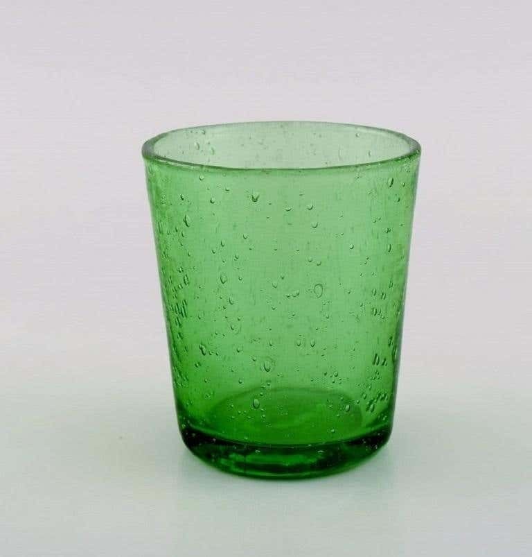 Biot, France, Two Wine Decanters And Four Glasses In Green Mouth Blown Art Glass photo vinterior