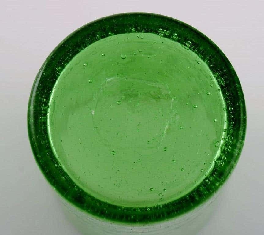 Biot, France, Two Wine Decanters And Four Glasses In Green Mouth Blown Art Glass photo vintage