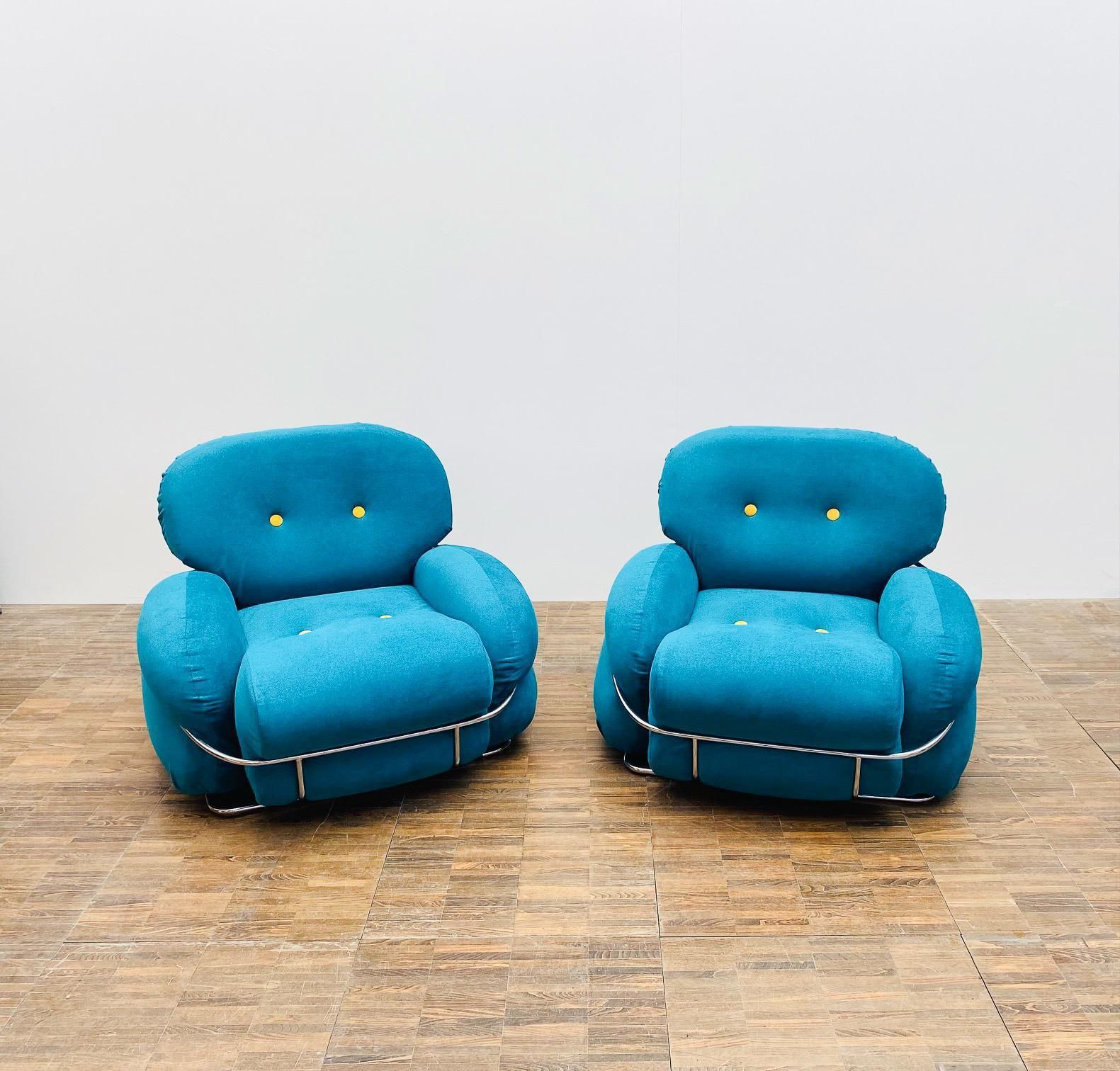 Pair Of Bleu And Yellow Armchairs In The Style Of Sesann, Italy, 1960s photo 4360.0