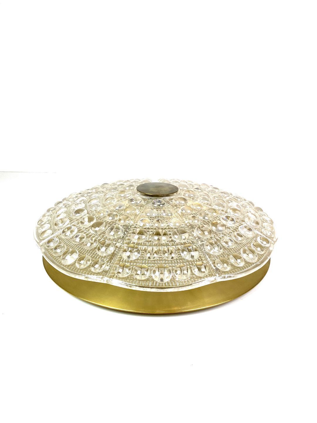 Ceiling Lamp In Brass And Glass Of Danish Design Manufactured By Orrefors Glassworks In The 1960s.
