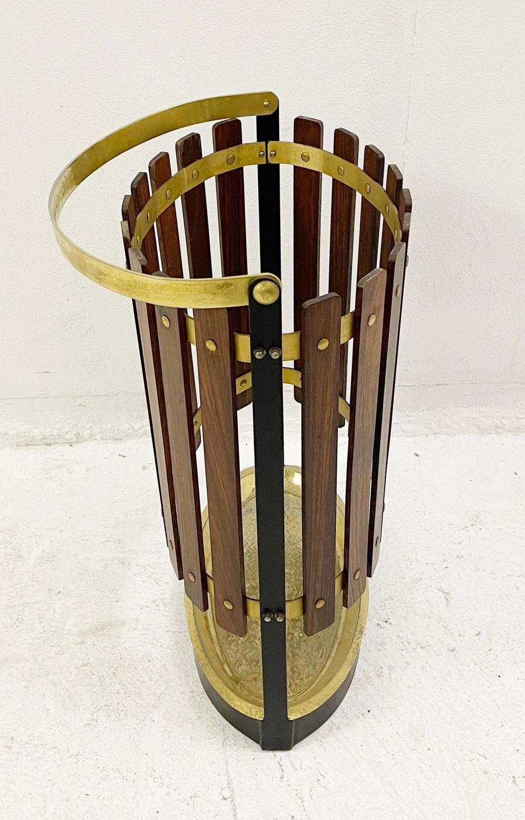 Mid Century Wood And Brass Umbrella Stand, Italy 1950s photo furniture