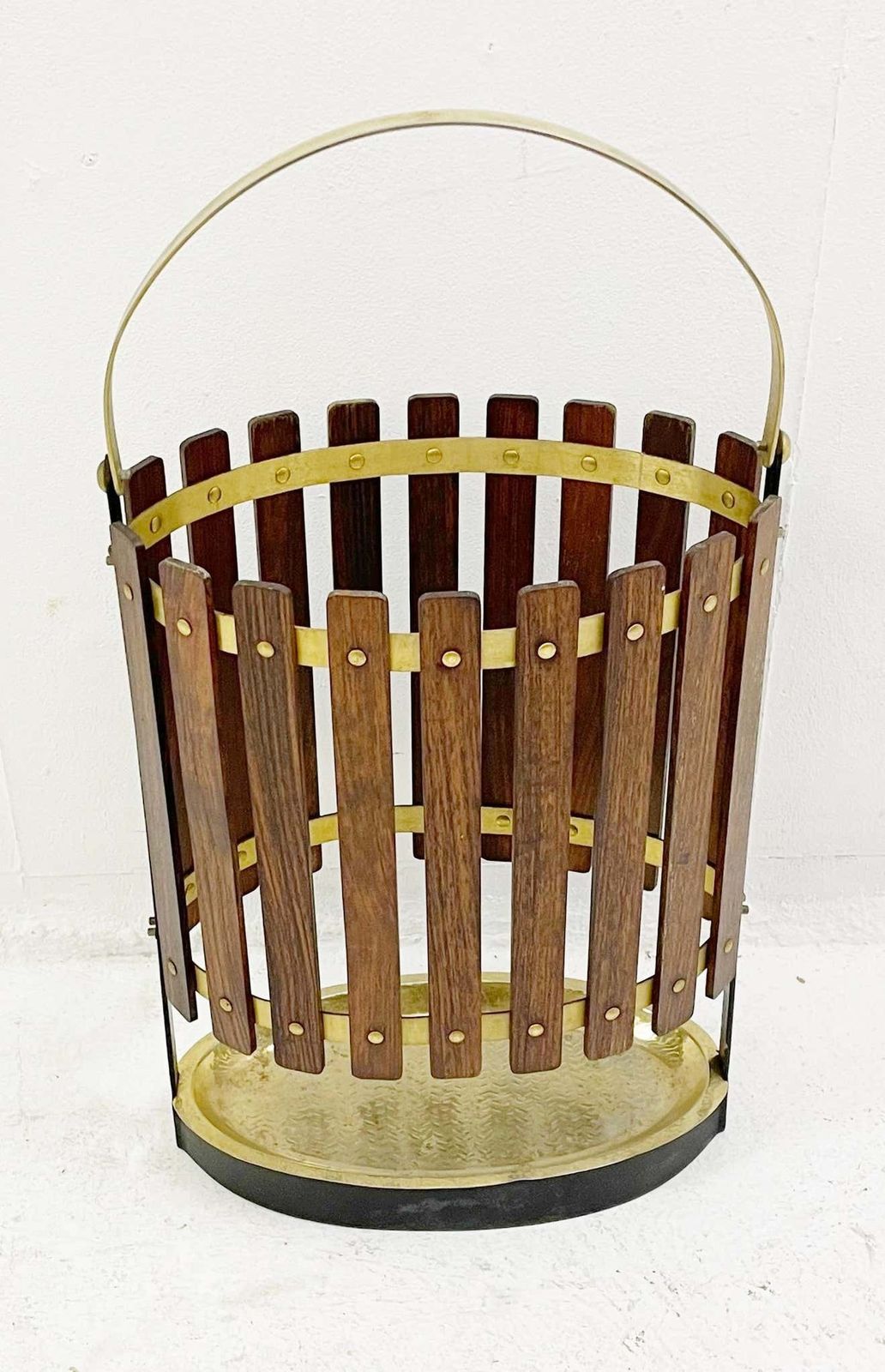Mid Century Wood And Brass Umbrella Stand, Italy 1950s photo Home Decor
