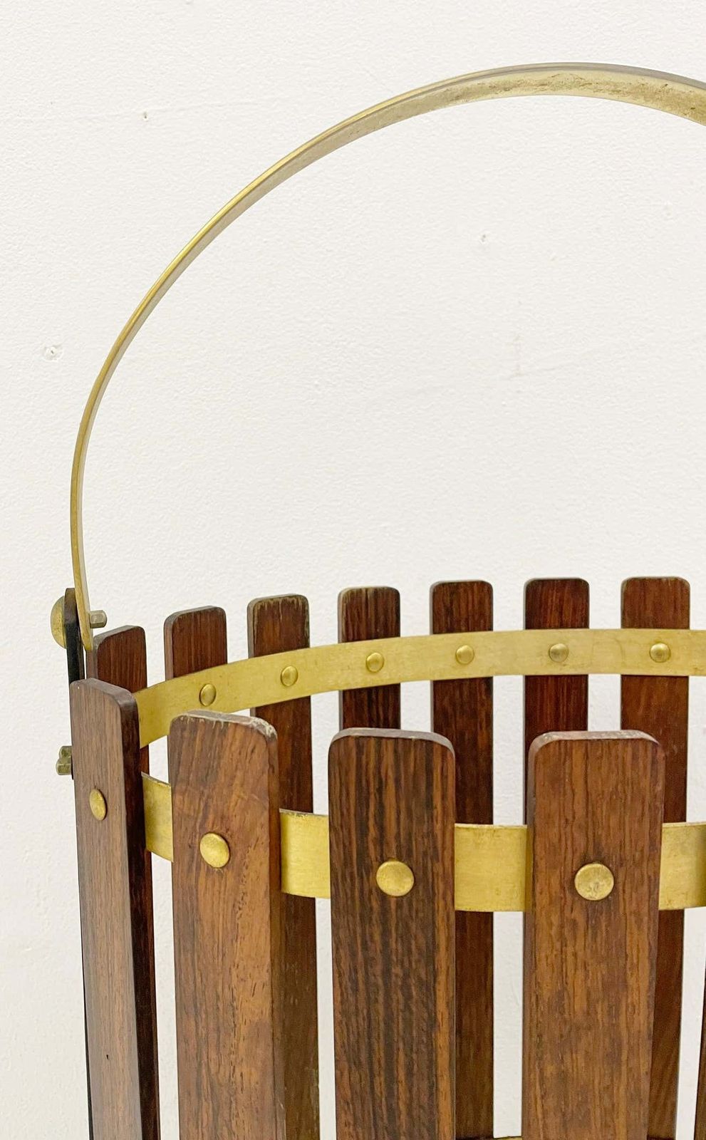 Mid Century Wood And Brass Umbrella Stand, Italy 1950s photo vinterior