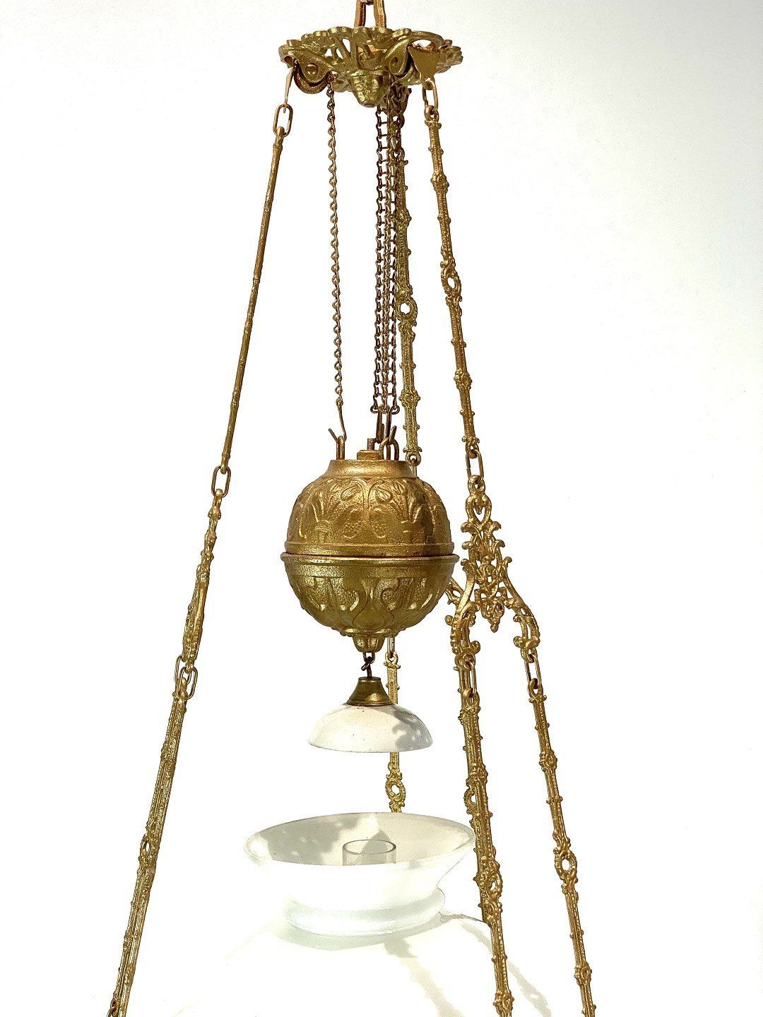 Large Kerosene Lamp Of Patinated Brass And Shade Of White Opaline Glass From The 1880s. photo furniture