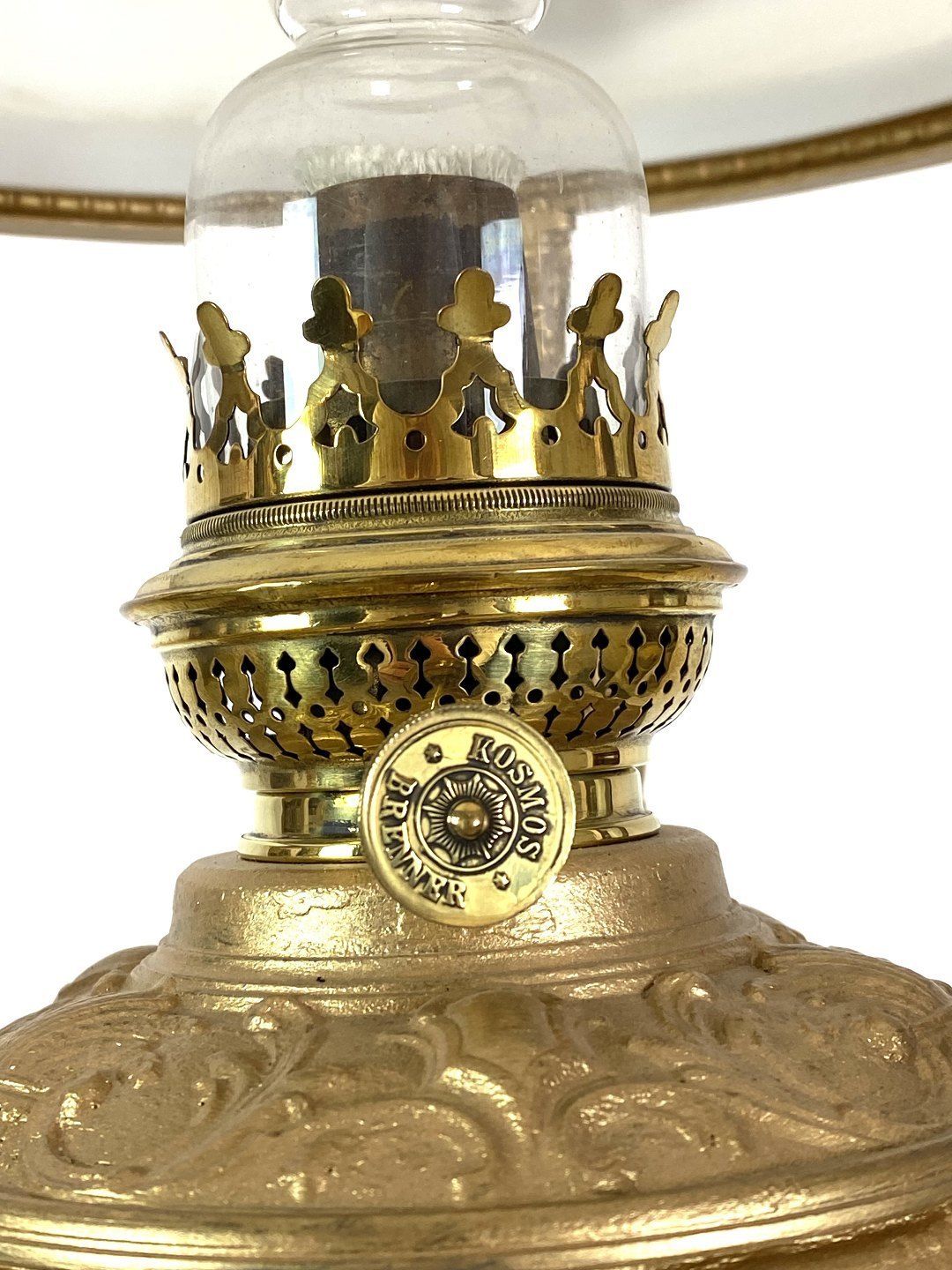 photo for sale Large Kerosene Lamp Of Patinated Brass And Shade Of White Opaline Glass From The 1880s.