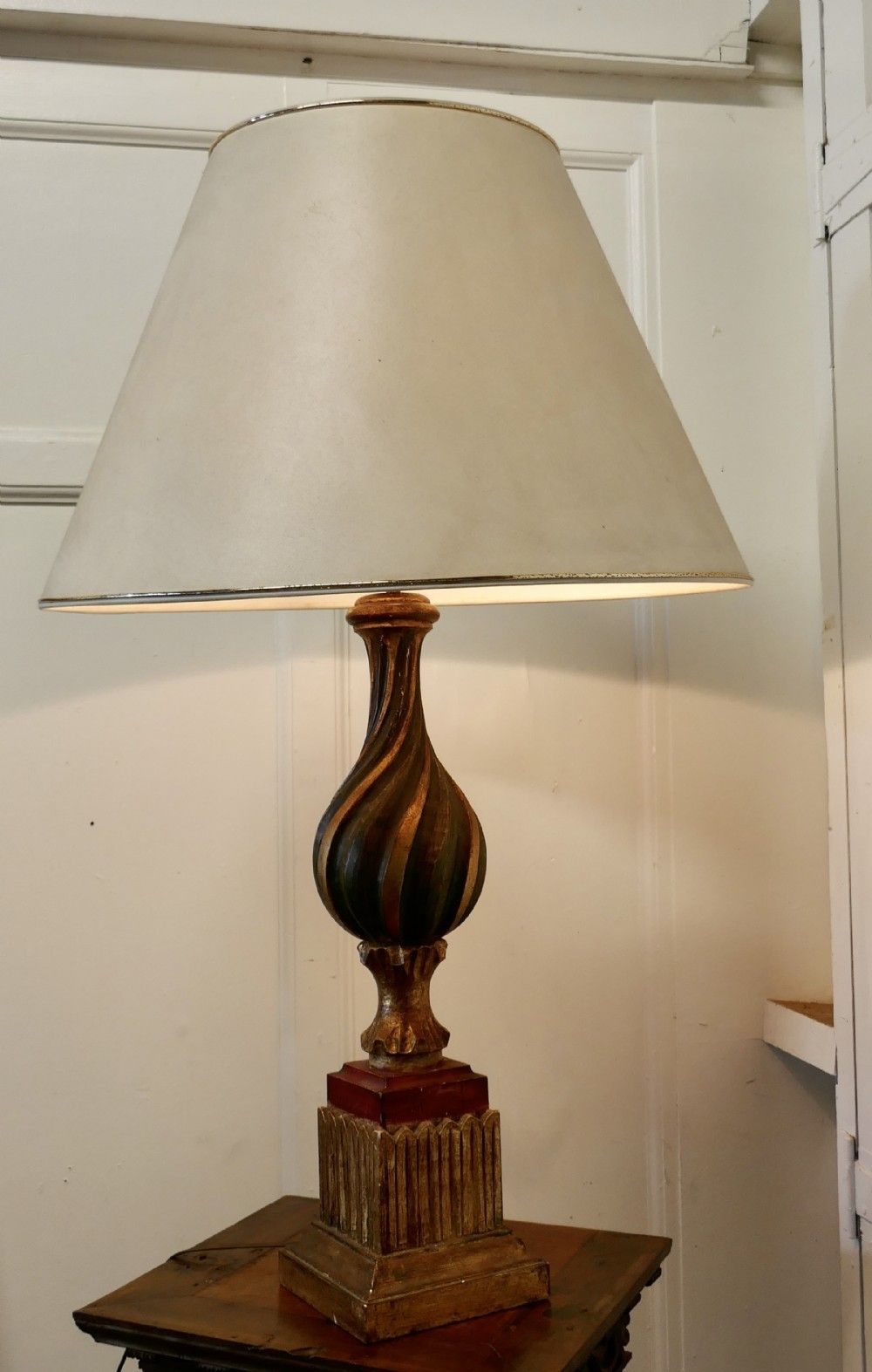 1920s Bulbous Folk Art Painted Spanish Lamp And Shade photo for sale