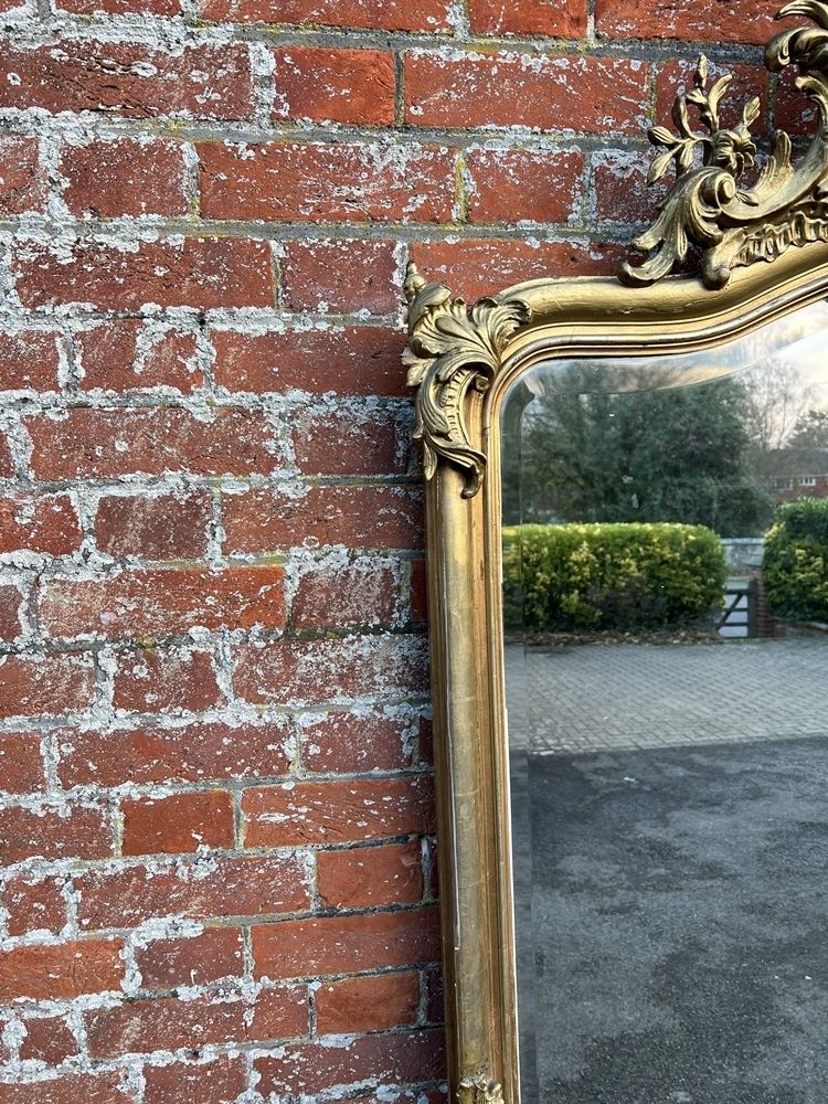 A Spectacular Large Antique French 19th Century Carved Wood & Gesso Original Silver/Gilt Shaped Top Mirror photo furniture