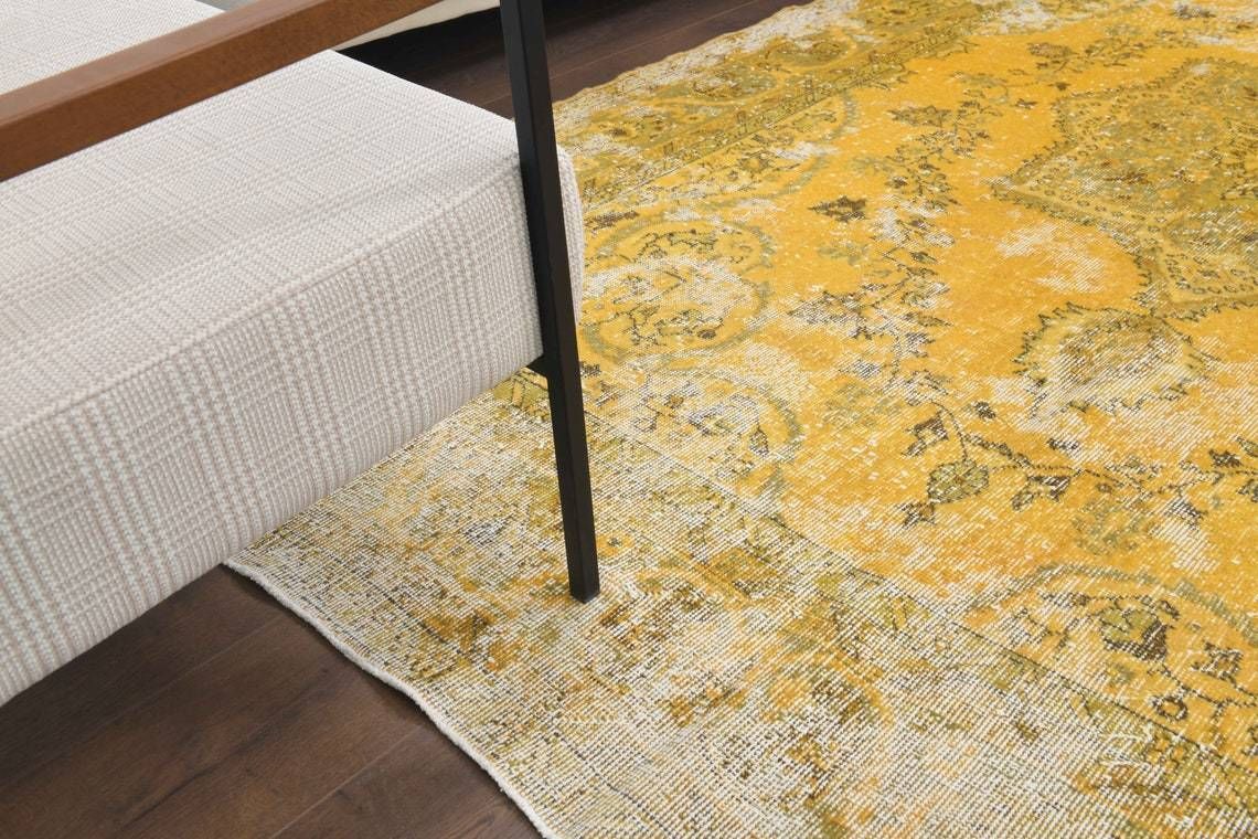 Turkish Vintage Oushak Area Rug  Boho Decor  Oushak Wool Rug  Yellow Carpet  Ethnic Rugs One Of A Kind  Anatolian Farmhouse Decor photo vinterior