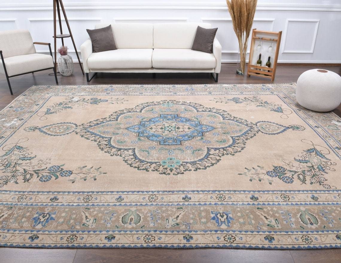 Turkish Vintage Area Rug Handmade Wool Large Room Carpet Farmhouse Decor One Of A Kind Made In Anatolia Medallion Bordered