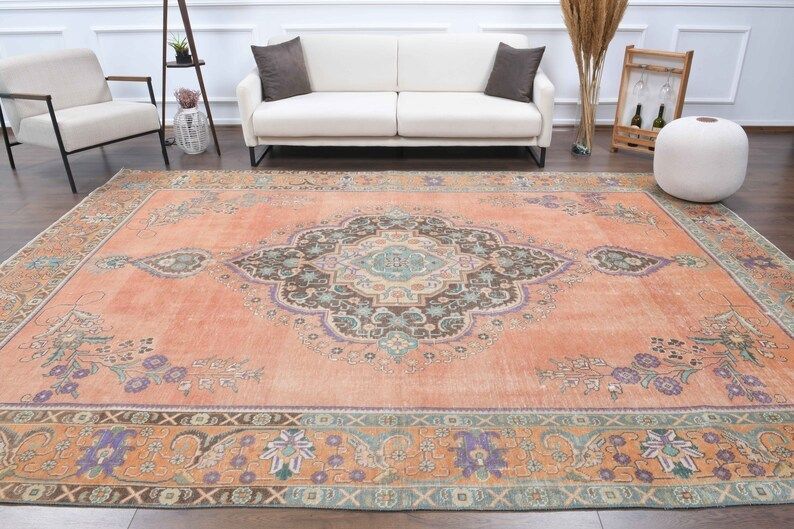 Turkish Vintage Large Area Rug Oushak Handmade Wool Heriz Floral Carpet Farmhouse Decor One Of A Kind  Made In Anatolia