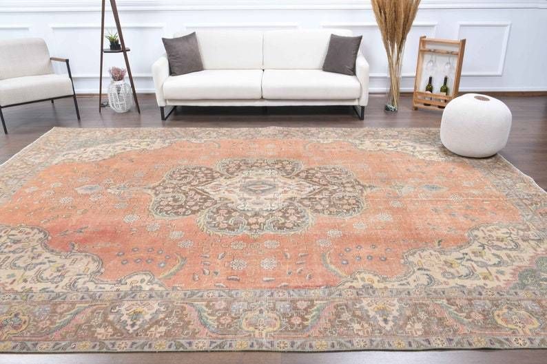 Turkish Vintage Large Area Rug Oushak Handmade Wool Heriz Floral Carpet Farmhouse Decor One Of A Kind  Made In Anatolia