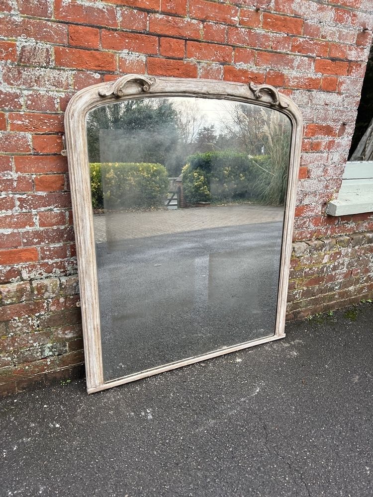 A Delightful Large Antique English 19th Century Carved Wood & Gesso Arched Top Painted Overmantle Mirror