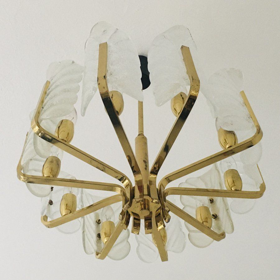 Scandinavian Brass Chandelier With 10 Glass Leaves By Carl Fagerlund For Orrefors, Sweden, 1960s photo 1300.0