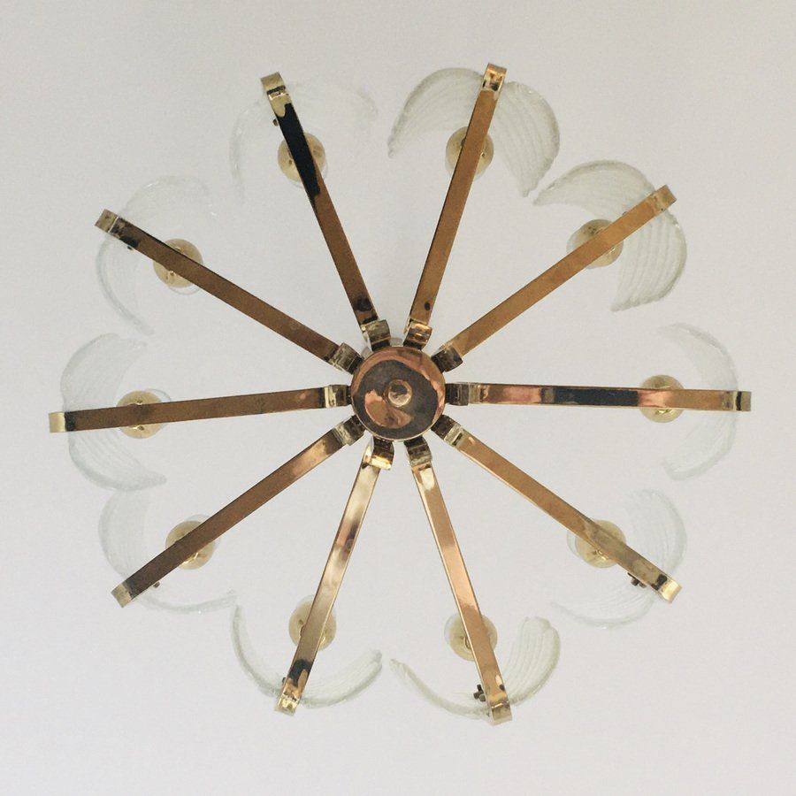 Scandinavian Brass Chandelier With 10 Glass Leaves By Carl Fagerlund For Orrefors, Sweden, 1960s photo buy