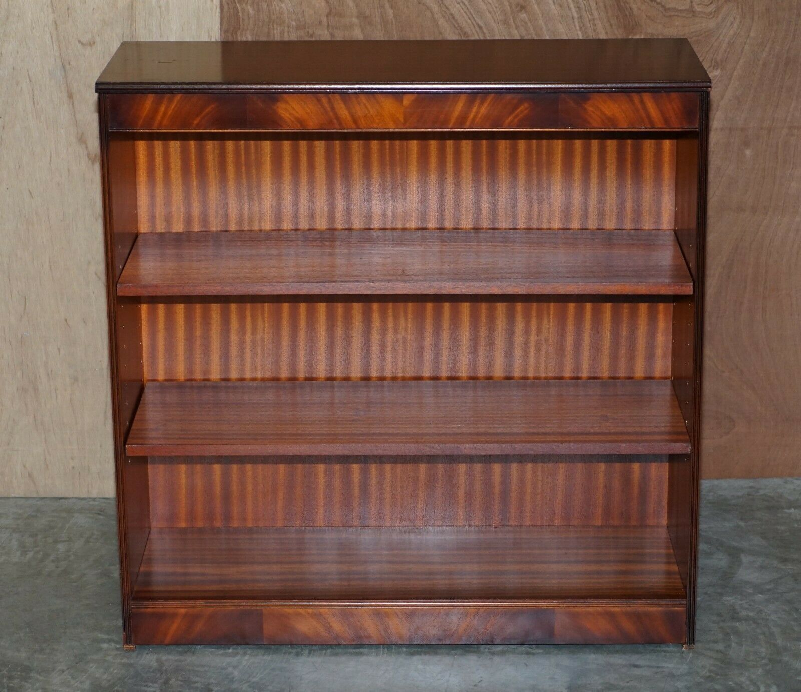 Pair Of Shaws Of London Flamed Mahogany Dwarf Open Library Bookcases Small Suite photo for sale