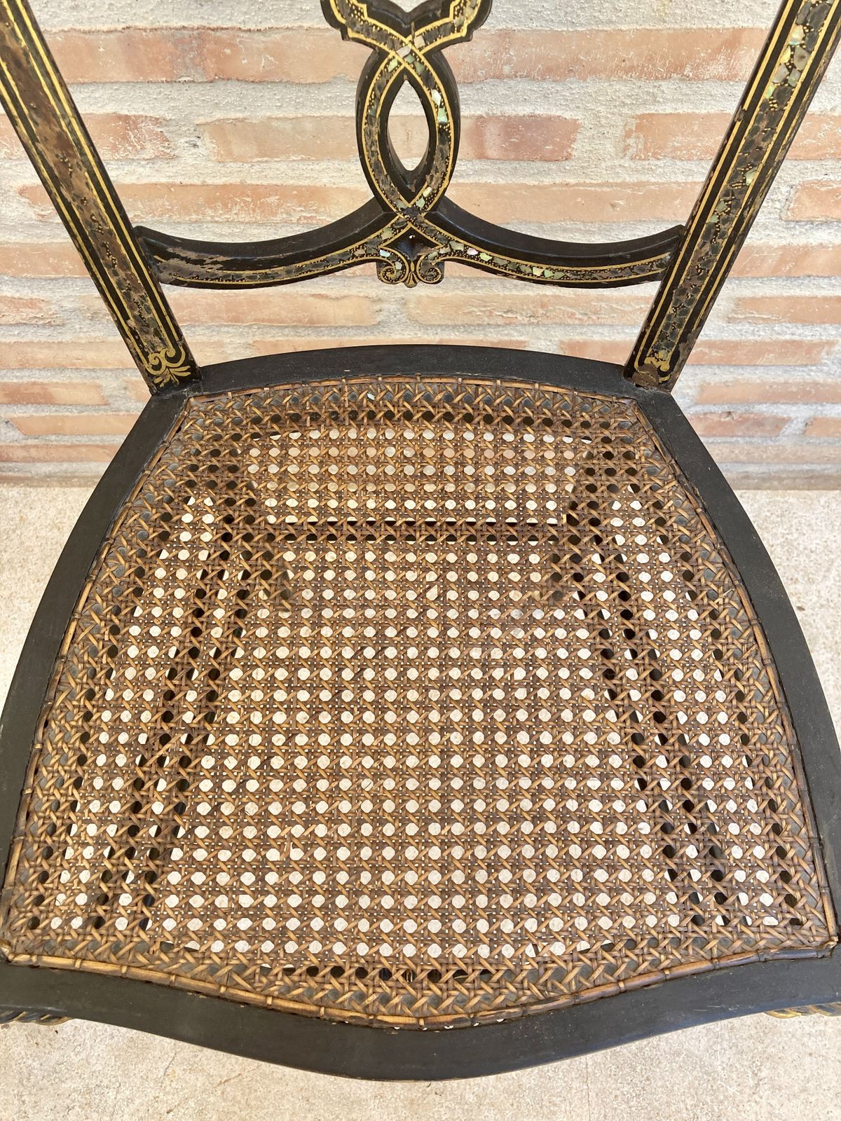 Elizabethan Wood Chairs Lacquered In Black And Decorated In Gold With Mother Of Pearl Inlays With Wicker Seat, Set Of 2 photo vinterior