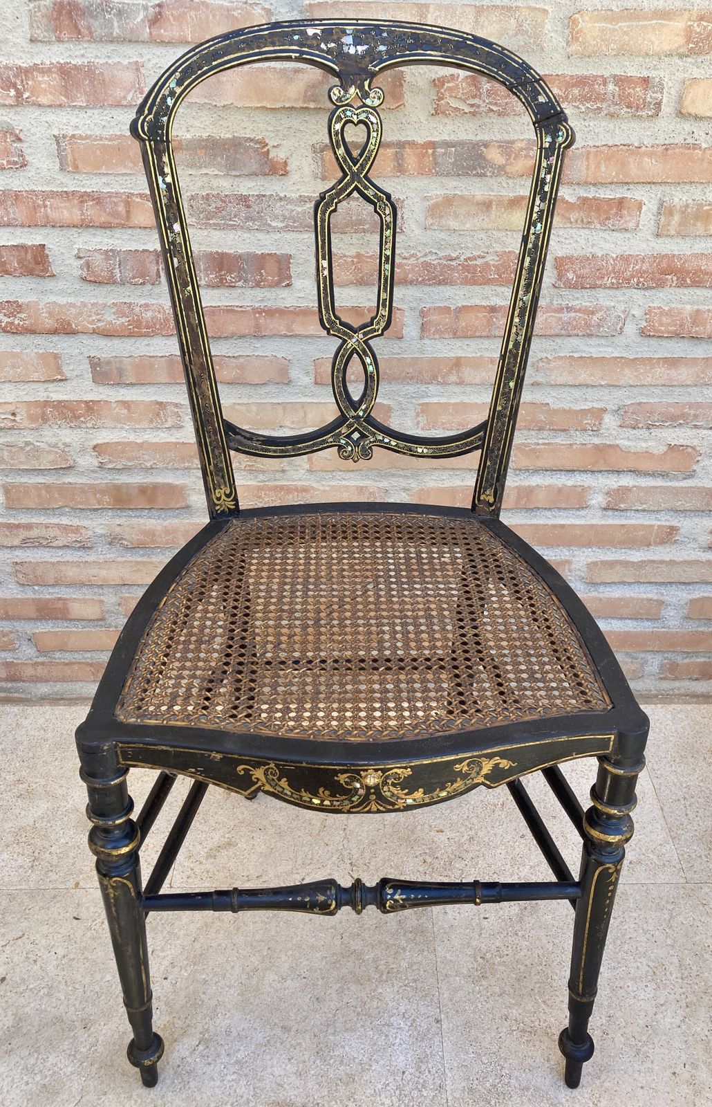 Elizabethan Wood Chairs Lacquered In Black And Decorated In Gold With Mother Of Pearl Inlays With Wicker Seat, Set Of 2 photo buy