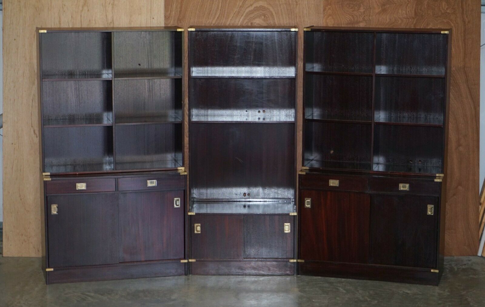 Three Vintage Mahogany Finish Military Campaign Bookcases Used For Media Storage