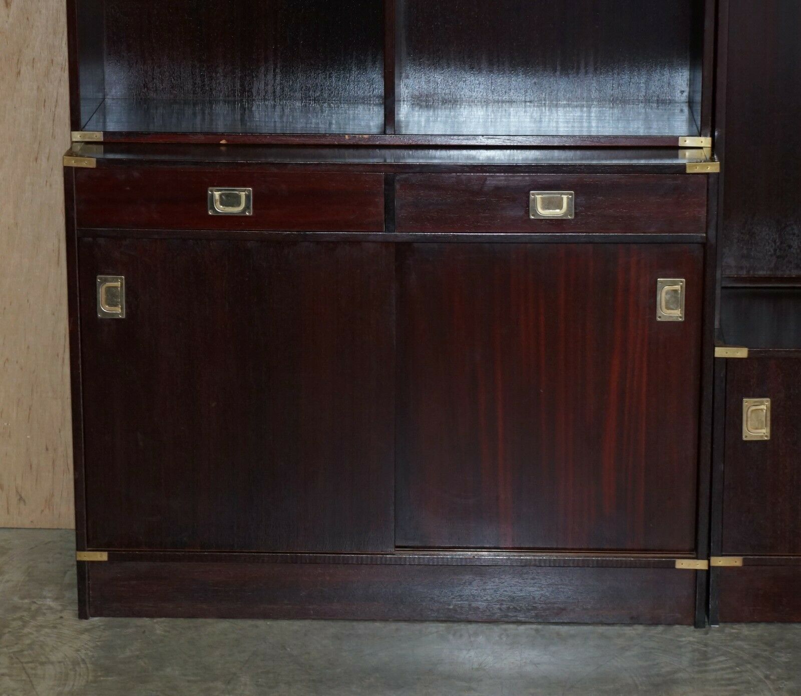 Three Vintage Mahogany Finish Military Campaign Bookcases Used For Media Storage photo for sale